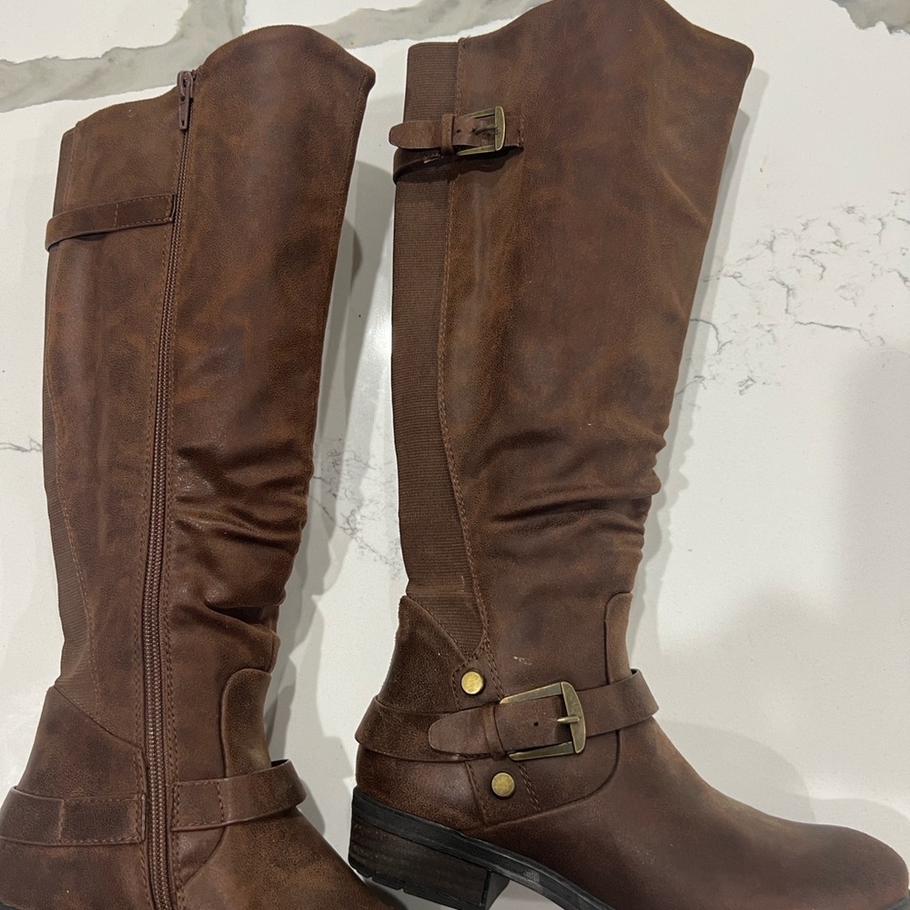 Brown Knee-High Boots with Buckle Detail